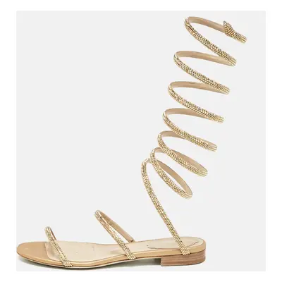 René Caovilla Beige Satin Cleo Ankle Wrap Flat Sandals Size