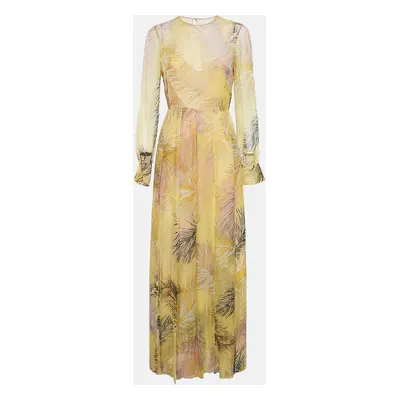 Emilio Pucci Yellow Feather Print Chiffon Slits Detail Maxi Dress