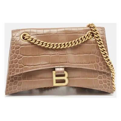 Balenciaga Beige Croc Embossed Leather Small Crush Shoulder Bag