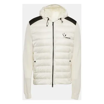 Moncler White Logo Print Cotton Knit and Quilted Nylon Down Jacket