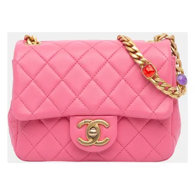 Chanel Pink Mini Square Lambskin Pearl Samba Flap