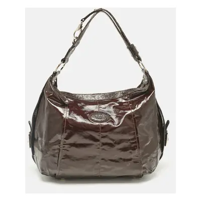 Tod's Dark Brown Coated Canvas and Crackled Patent Leather Side Buckle Hobo