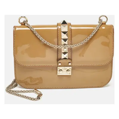 Valentino Beige Patent Leather Medium Rockstud Glam Lock Shoulder Bag