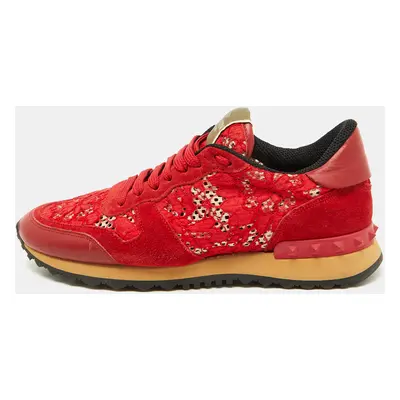 Valentino Red Suede and Lace Rockrunner Low Top Sneakers Size