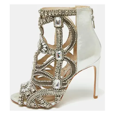 Sophia Webster Silver Fabric and Leather Crystal Embellished Iridessa Caged Booties Size