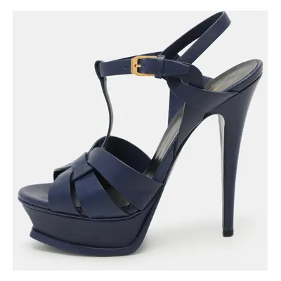 Saint Laurent Blue Leather Tribute Platform Ankle Strap Sandals Size