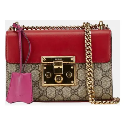 Gucci Red Beige Pvc Leather Gg Supreme Padlock Chain Shoulder Bag