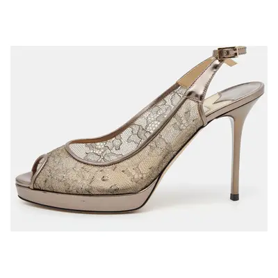 Jimmy Choo Metallic Brown Lace Dahlia Peep Toe Pumps Size