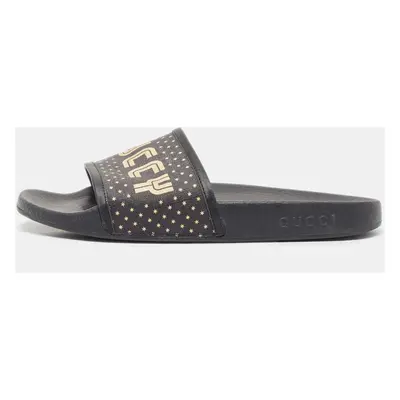 Gucci Black Leather and Canvas Guccy Flat Slides Size