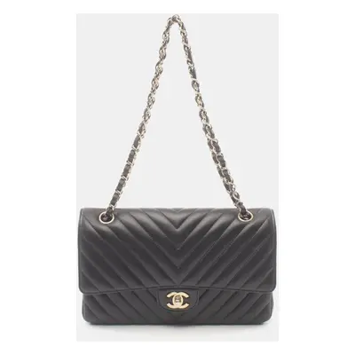 Chanel Lambskin Black Chevron V-Stitch W-Flap Shoulder Bag