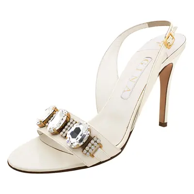 Gina White Leather Crystal Embellished Slingback Sandals Size