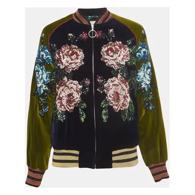 Gucci Navy Blue/Green Floral Sequined Bomber Jacket