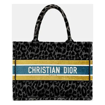 Dior Black Medium Embroidered Canvas Leopard Mizza Book Tote