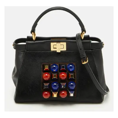 Fendi Black Leather and Calf Hair Studs Mini Peekaboo Top Handle Bag