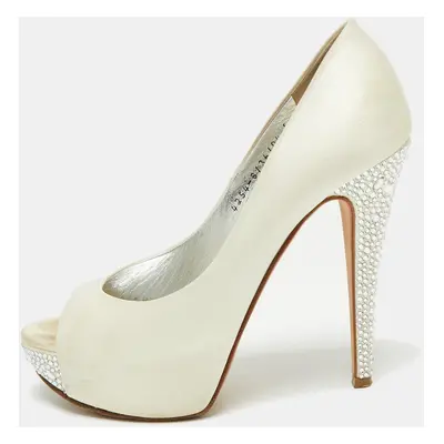 Gina White Satin Jenna Crystal Embellished Heel Peep Toe Platform Pumps Size