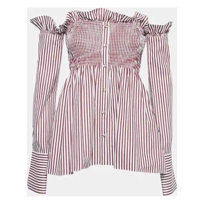 Victoria Victoria Beckham White/Red Striped Cotton Off-Shoulder Blouse