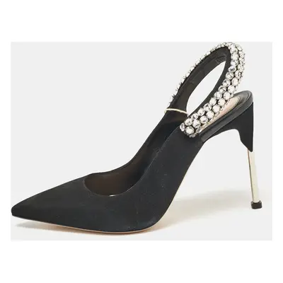 Alexander McQueen Black Suede Crystal Embellished Slingback Pumps Size