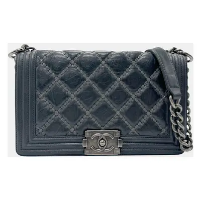 Chanel Leather Metal Silver Black Boy Chanel Shoulder Bag