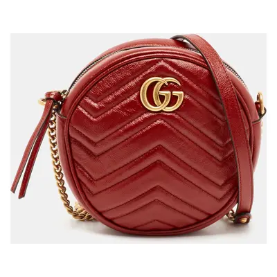 Gucci Red Matelassé Leather GG Marmont Round Crossbody Bag