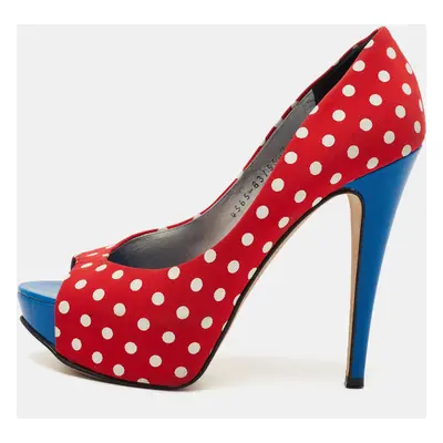 Gina Red/Blue Polka Dot Print Canvas Peep Toe Platform Pumps Size