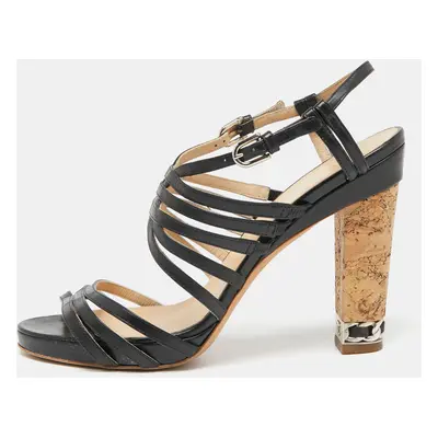 Chanel Black Leather Cork Heel Strappy Sandals Size 40.5