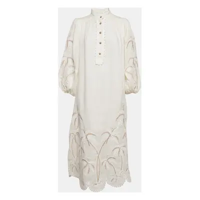 Zimmermann Off-White Embroidered Linen Puff Sleeve Midi Dress