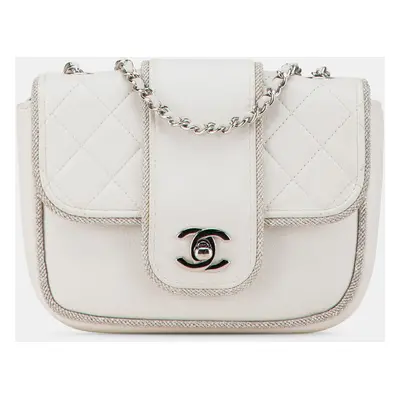 Chanel White Lambskin Leather Mini Quilted Lurex Elementary Chic Flap Bag