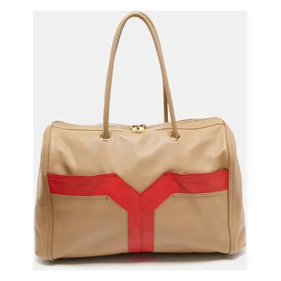 Yves Saint Laurent Beige/Red Leather Lucky Chyc Bowler Bag