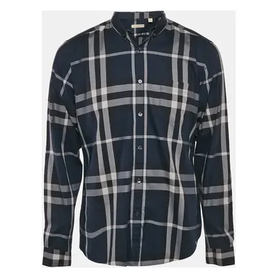 Burberry Navy Blue Plaid Cotton Button Down Shirt