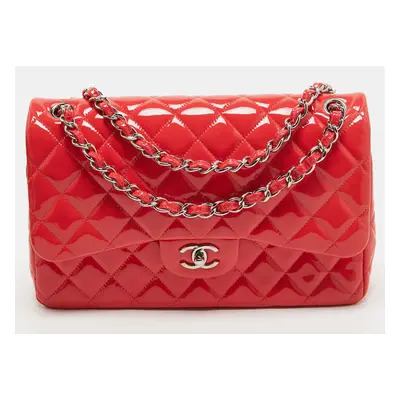 Chanel Red Quilted Patent Leather Jumbo Classic Double Flap Bag