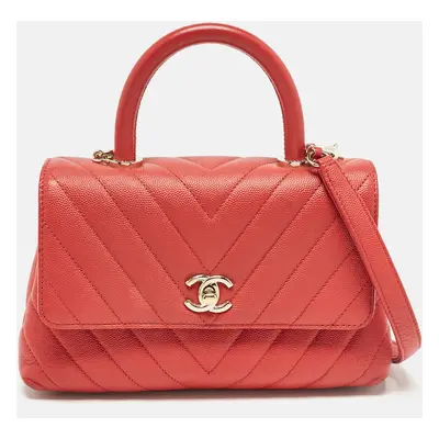 Chanel Brick Red Caviar Leather Mini Coco Top Handle Bag