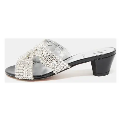 Gina Silver Leather Crystal Embellished Deitrich Slide Sandals Size 36.5