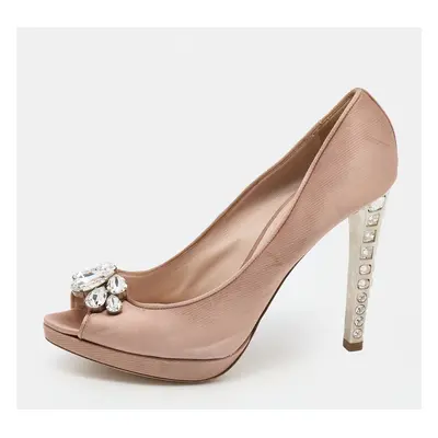 Miu Miu Beige Satin Crystal Embellished Peep Toe Platform Pumps Size