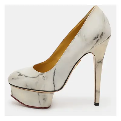 Charlotte Olympia White/Grey Marble-Print Leather Dolly Pumps Size