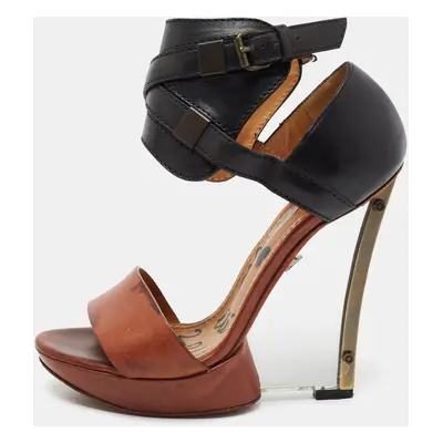 Lanvin Black/Brown Leather Ankle Strap Wedge Sandals Size