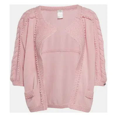 Chanel Pink Patterned Knit Cashmere Open Front Cardigan