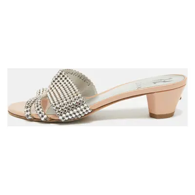 Gina Silver/Pink Crystal Embellished Leather Slide Sandals Size