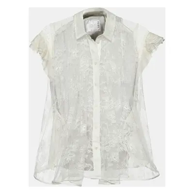 Sacai White Lace & Cotton Paneled Button Front Top