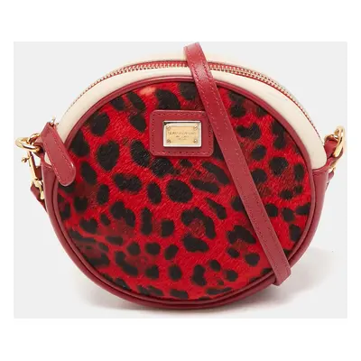 Dolce & Gabbana Red/Pink Leopard Calfhair and Leather Round Crossbody Bag