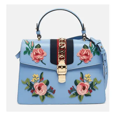 Gucci Blue Leather Floral Embroidered Sylvie Top Handle Bag