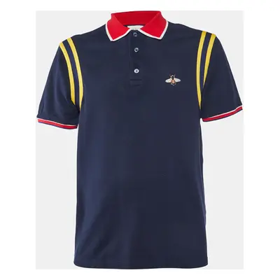 Gucci Navy Blue Cotton Pique Bee Detail Polo T-Shirt