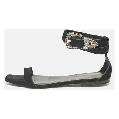 Saint Laurent Black Suede Ankle Strap Flat Sandals Size