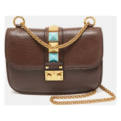 Valentino Brown Leather Small Rolling Rockstud Glam Lock Flap Bag