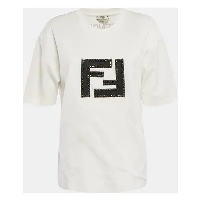 Fendi White Logo Embellished Cotton Crew Neck T-Shirt