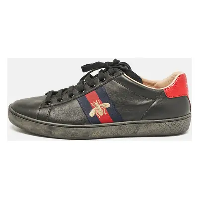 Gucci Black Leather and Sneak Embellished Ace Web Lace Up Sneakers Size