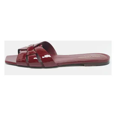 Saint Laurent Burgundy Patent Leather Tribute Flat Slides Size