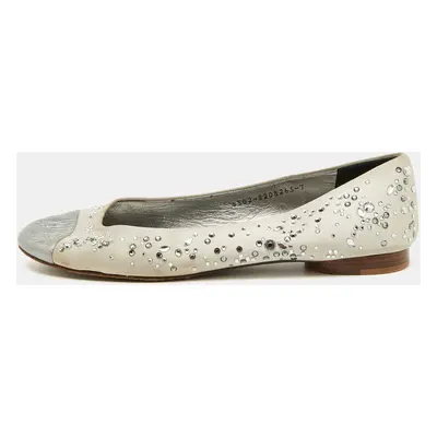 Gina Light Grey/Silver Satin and Leather Crystal Embellished Ballet Flats Size