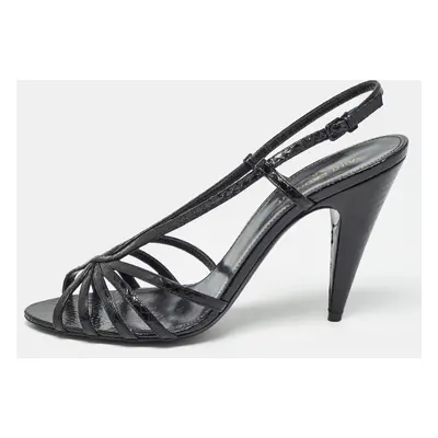 Saint Laurent Black Embossed Python Strappy Slingback Sandals Size