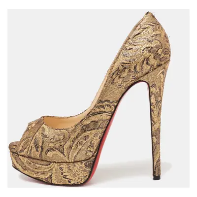 Christian Louboutin Gold Brocade Fabric Lady Peep-Toe Platform Pumps Size