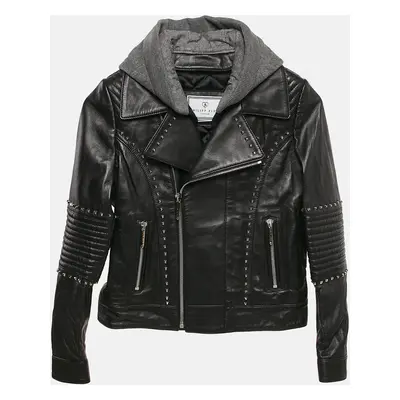 : Philipp Plein Junior Black Studded Leather Detachable Hood Biker Jacket Yrs